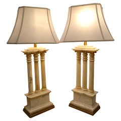Carved White Alabaster Lamps Modelled After Roman Temple Ruins
