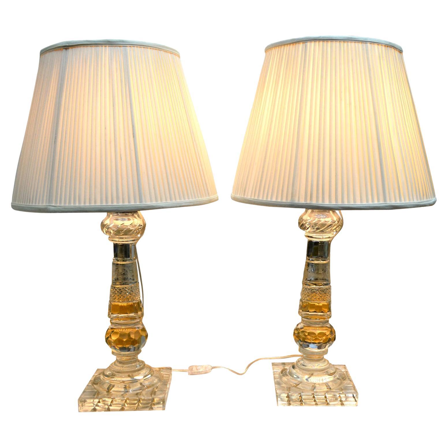 Pair of English Early 20 Century Cut Crystal Lamps For Sale