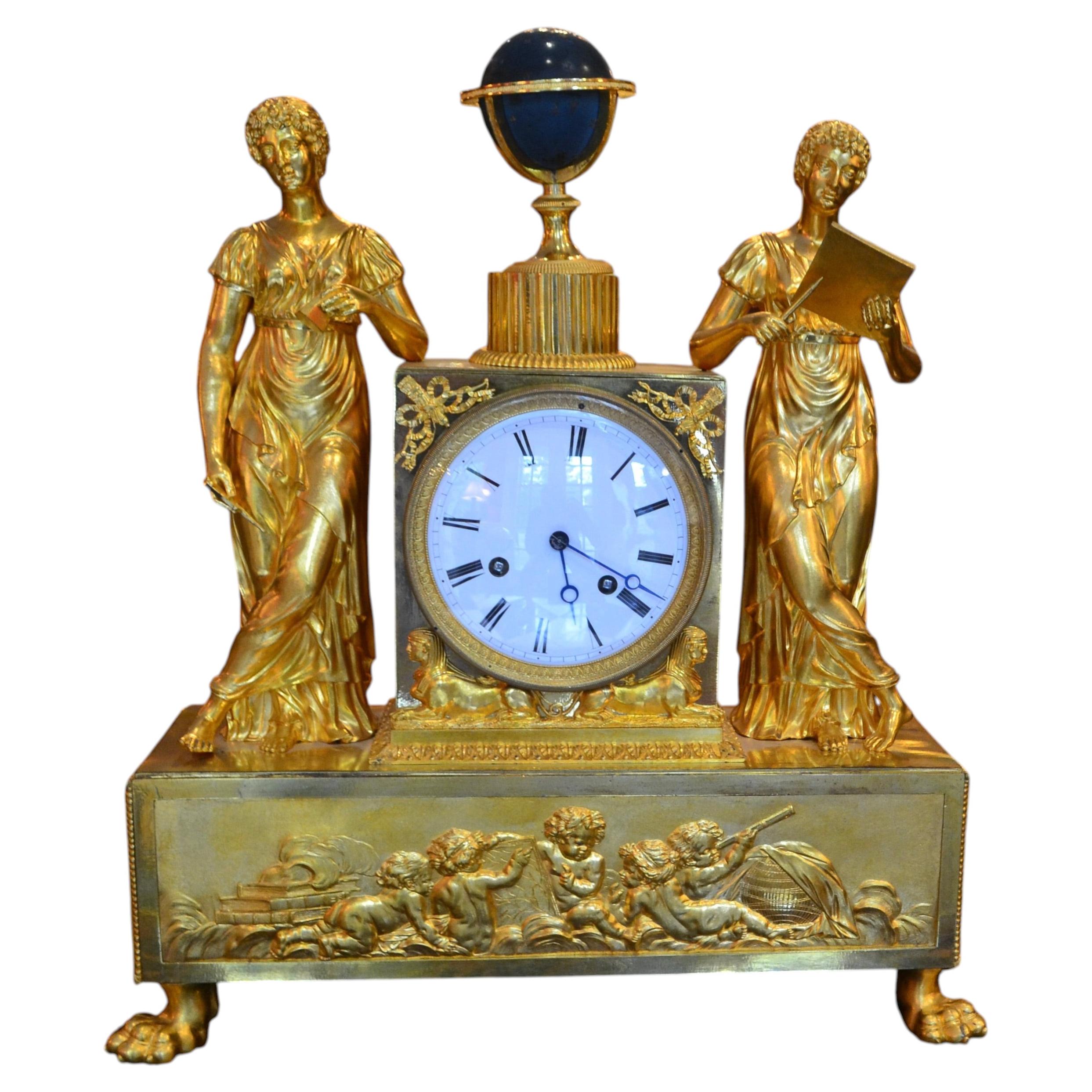 French Empire Gilt Bronze Allegorical Clock Depicting the Astronomical Sciences For Sale
