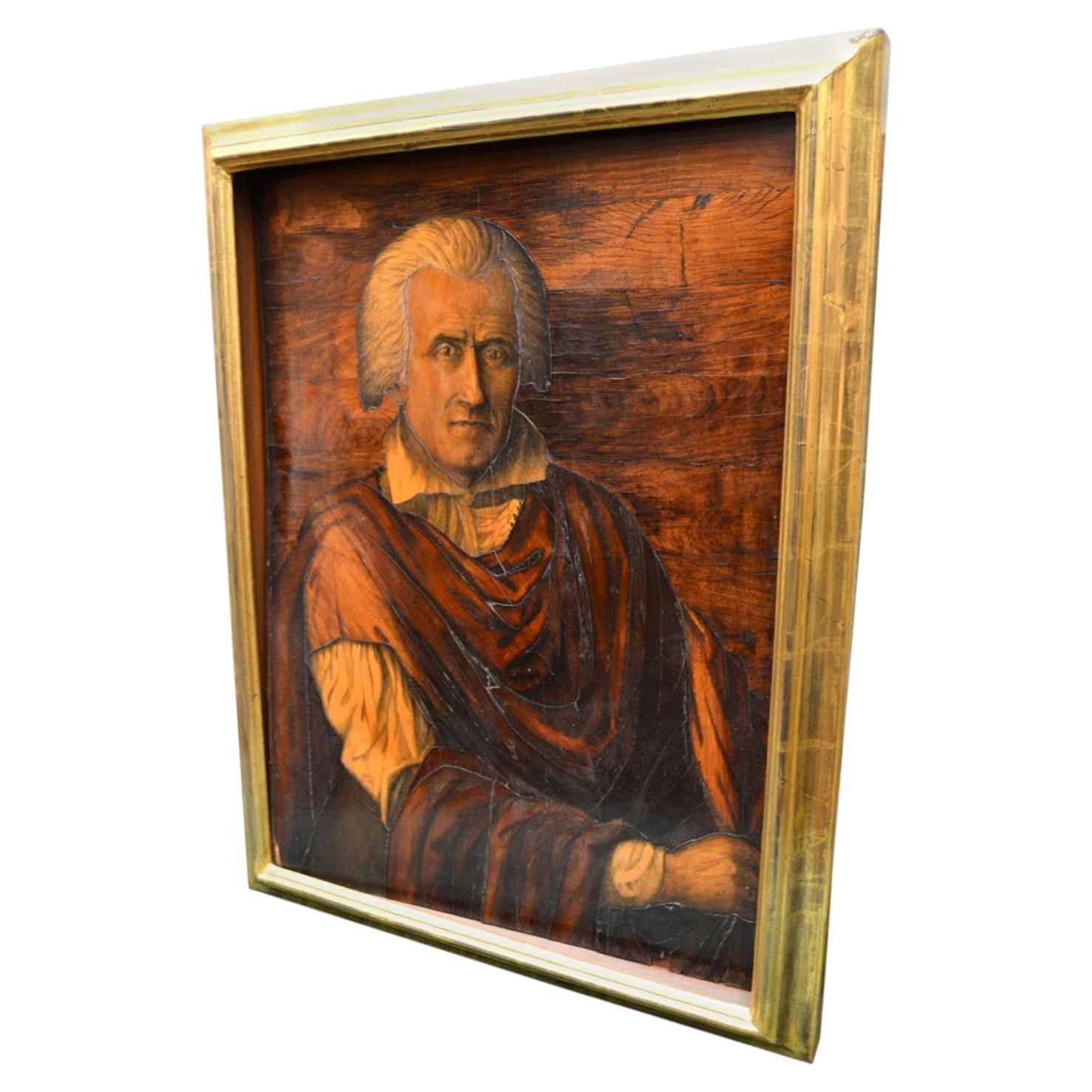 18th Century Inlaid Wood Portrait Panel of Christopher Columbus