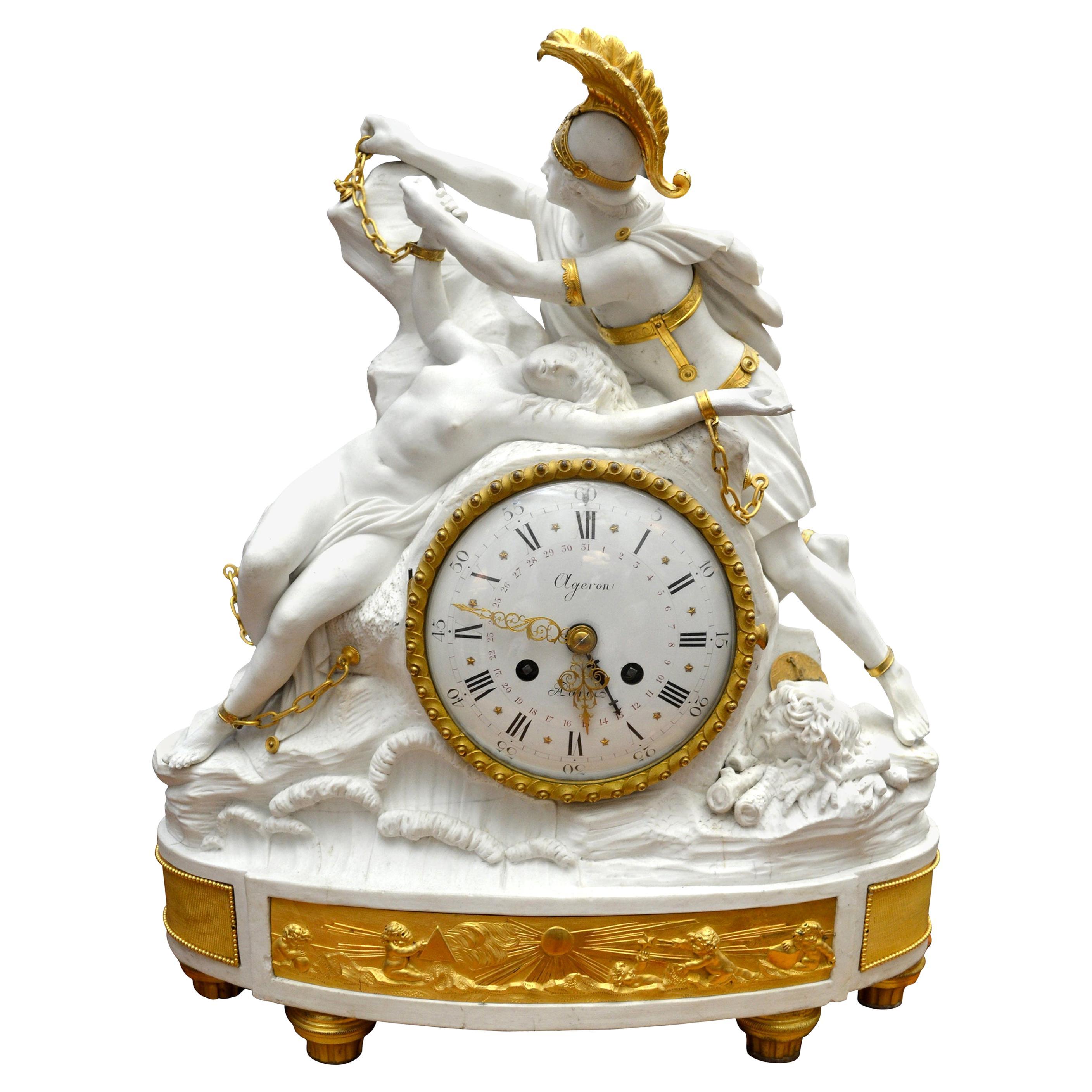 Reloj Figural de Perseo Liberando a Andrómeda, de porcelana bizcochada y bronce dorado