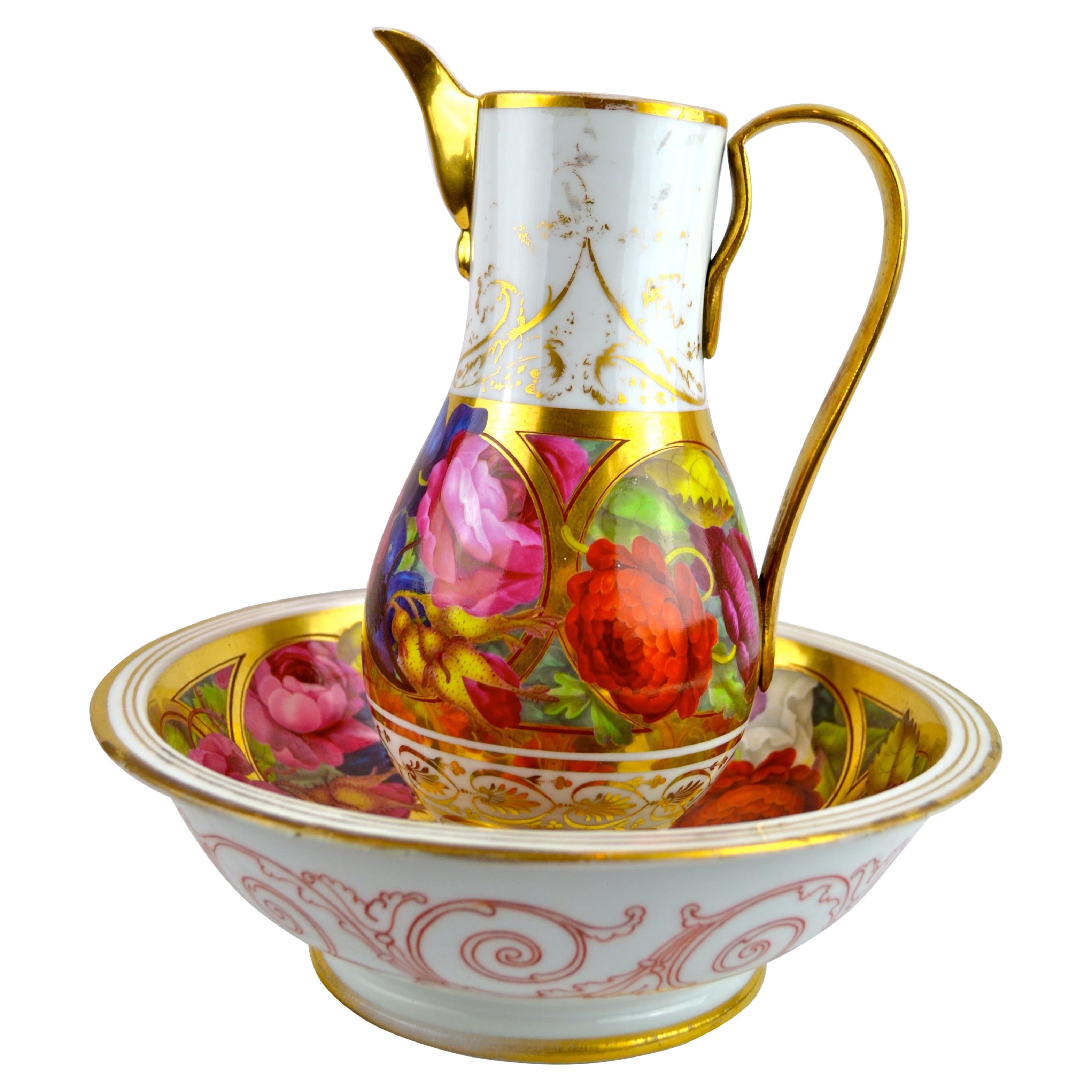 Antique Paris Porcelain Ewer and Basin, Hand-Painted, Circa 1830 For Sale