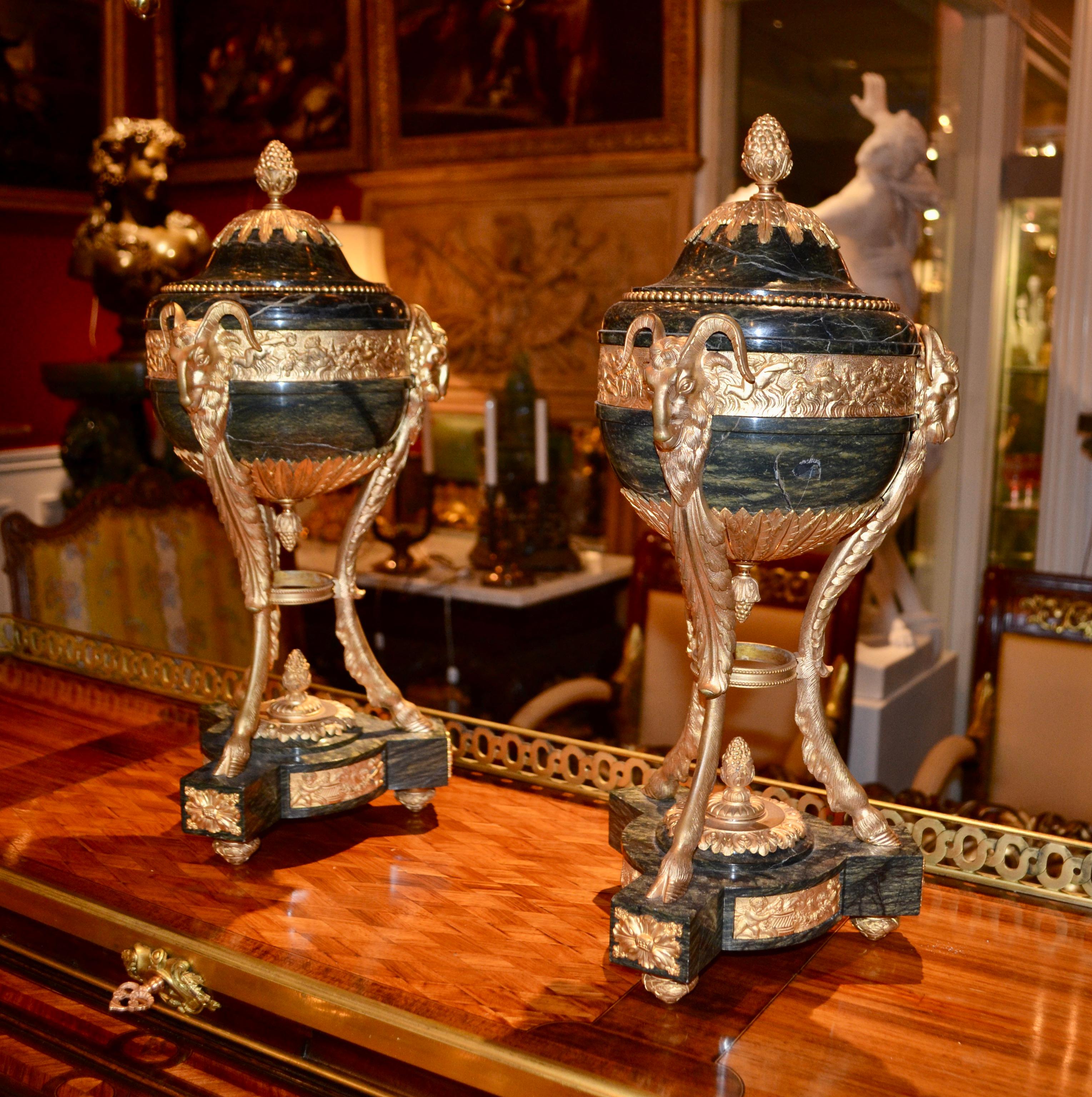 Pair of Louis XVI Style Verde Antico Marble and Gilt Bronze Lidded Cassolettes For Sale 4