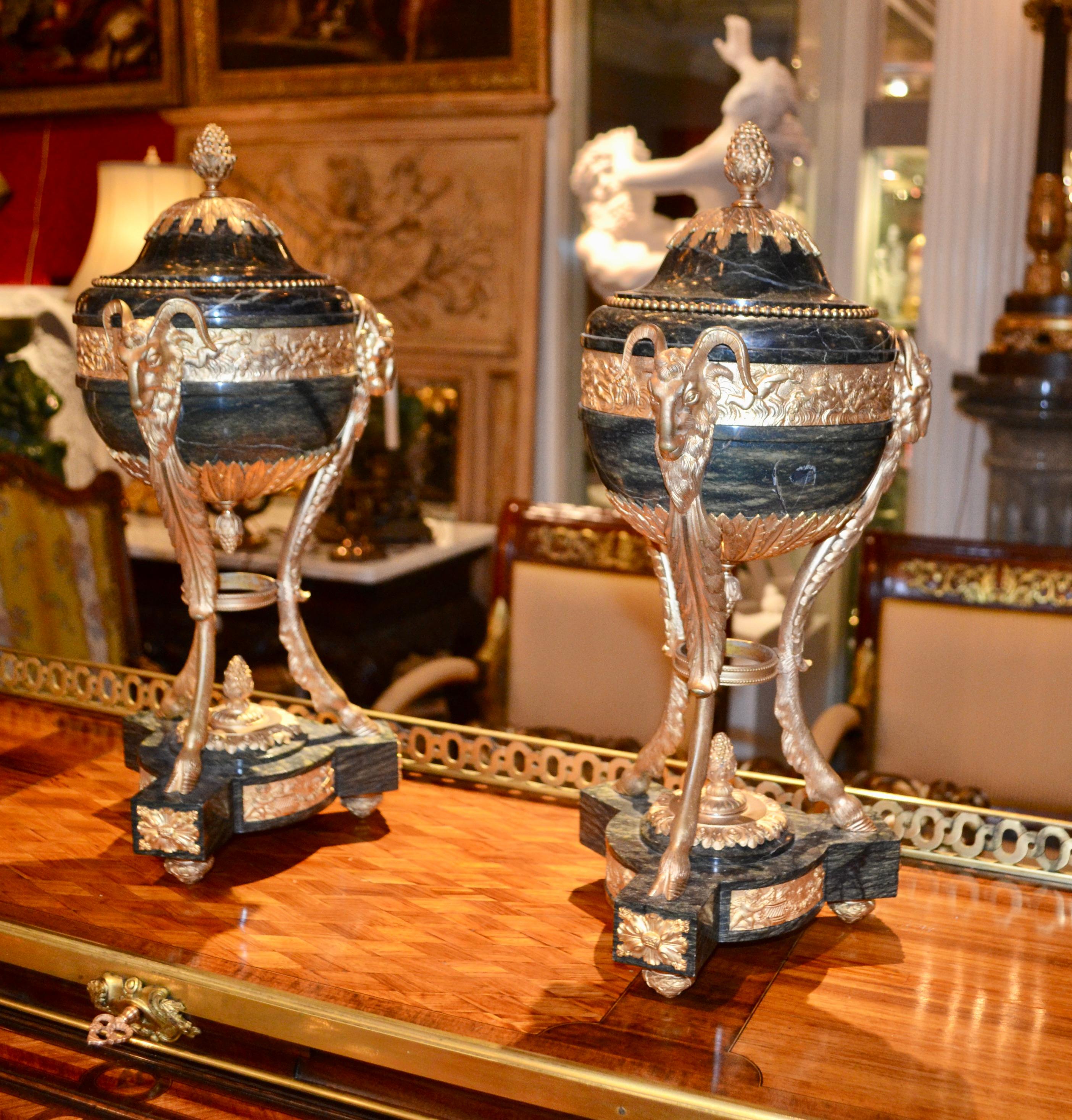 Pair of Louis XVI Style Verde Antico Marble and Gilt Bronze Lidded Cassolettes For Sale 7