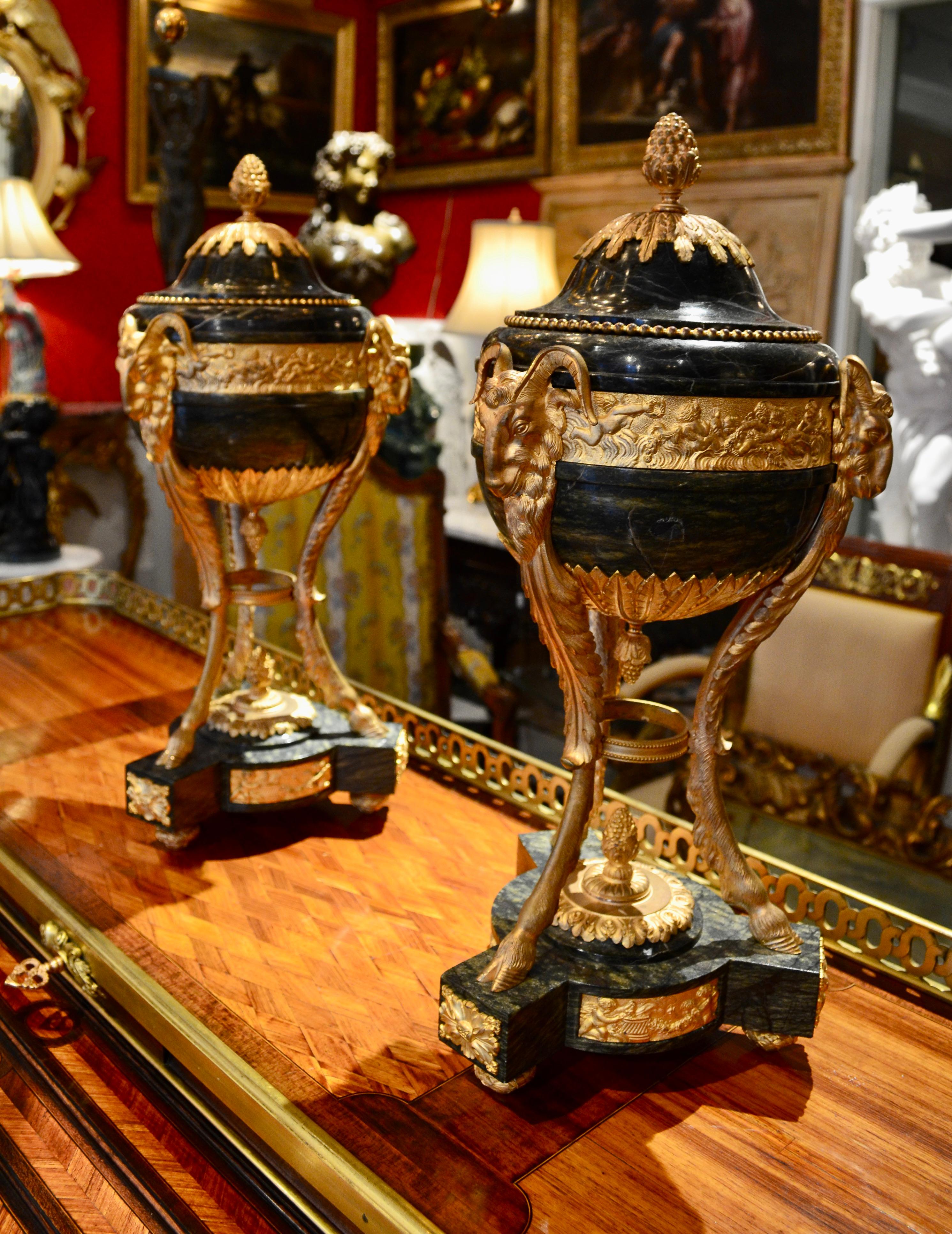 Pair of Louis XVI Style Verde Antico Marble and Gilt Bronze Lidded Cassolettes For Sale 5