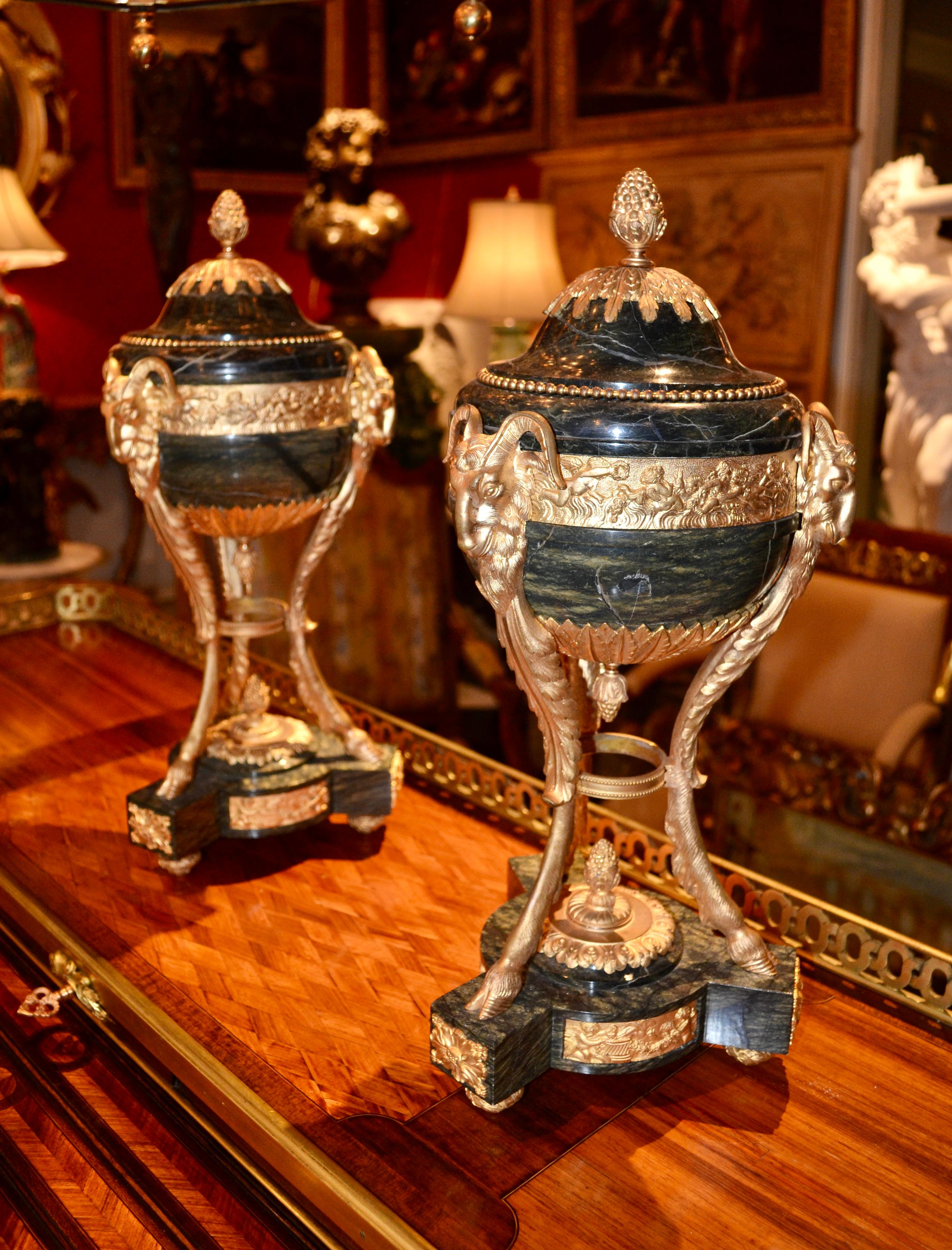 Pair of Louis XVI Style Verde Antico Marble and Gilt Bronze Lidded Cassolettes For Sale 6
