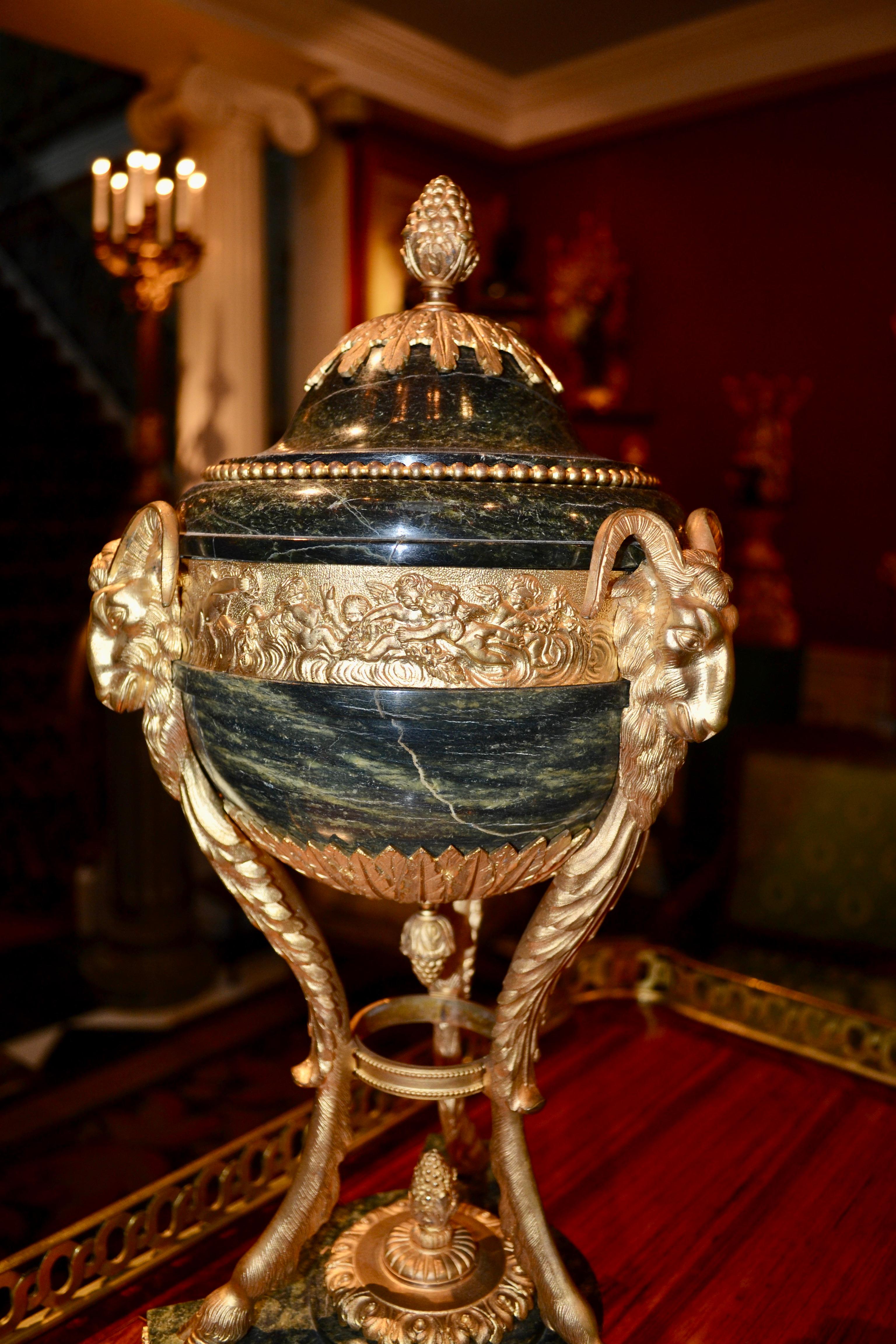 Pair of Louis XVI Style Verde Antico Marble and Gilt Bronze Lidded Cassolettes For Sale 3