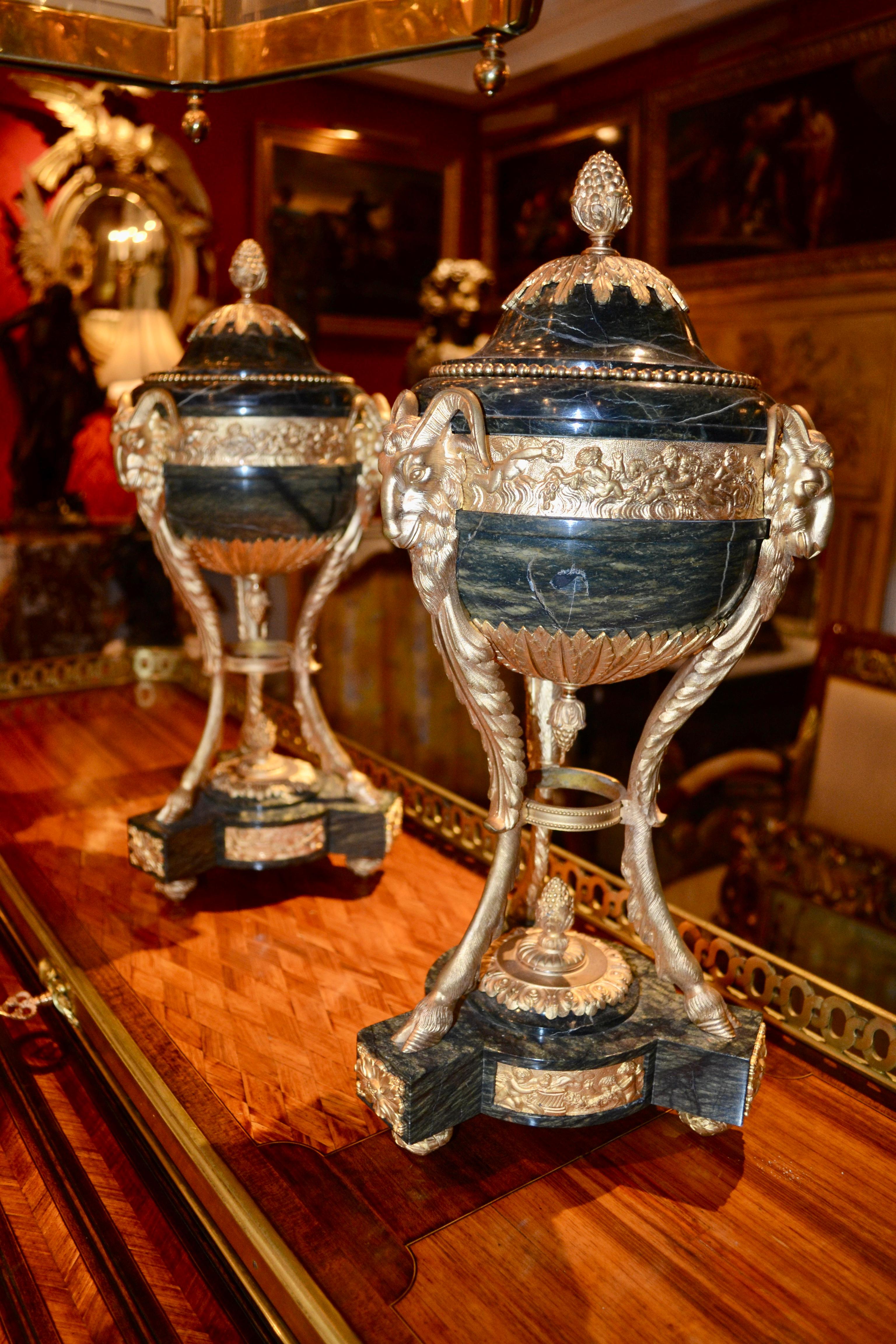 Pair of Louis XVI Style Verde Antico Marble and Gilt Bronze Lidded Cassolettes For Sale 8