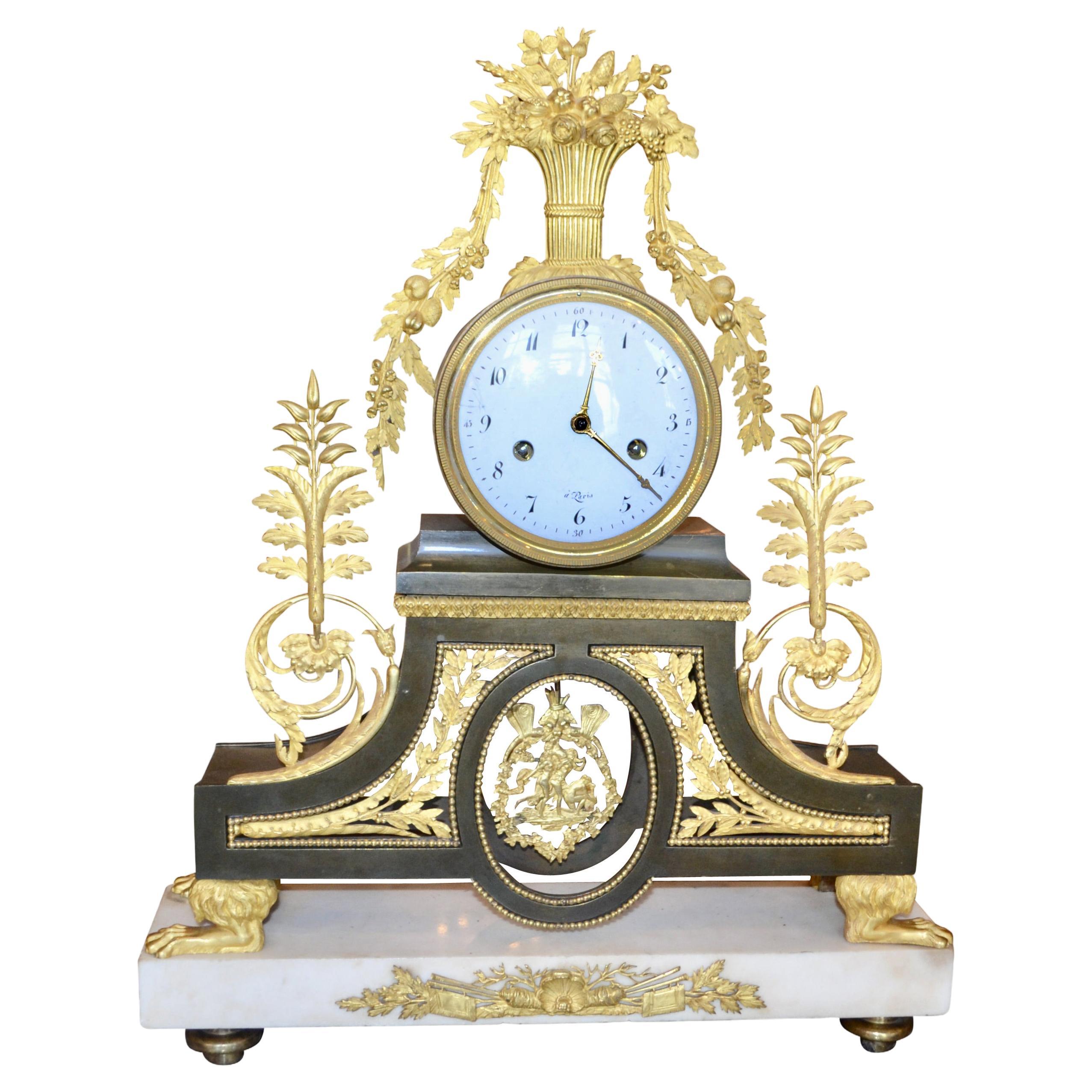 Early 19th Century French Directoire Gilt Bronze and Marble Clock by Deverberie For Sale