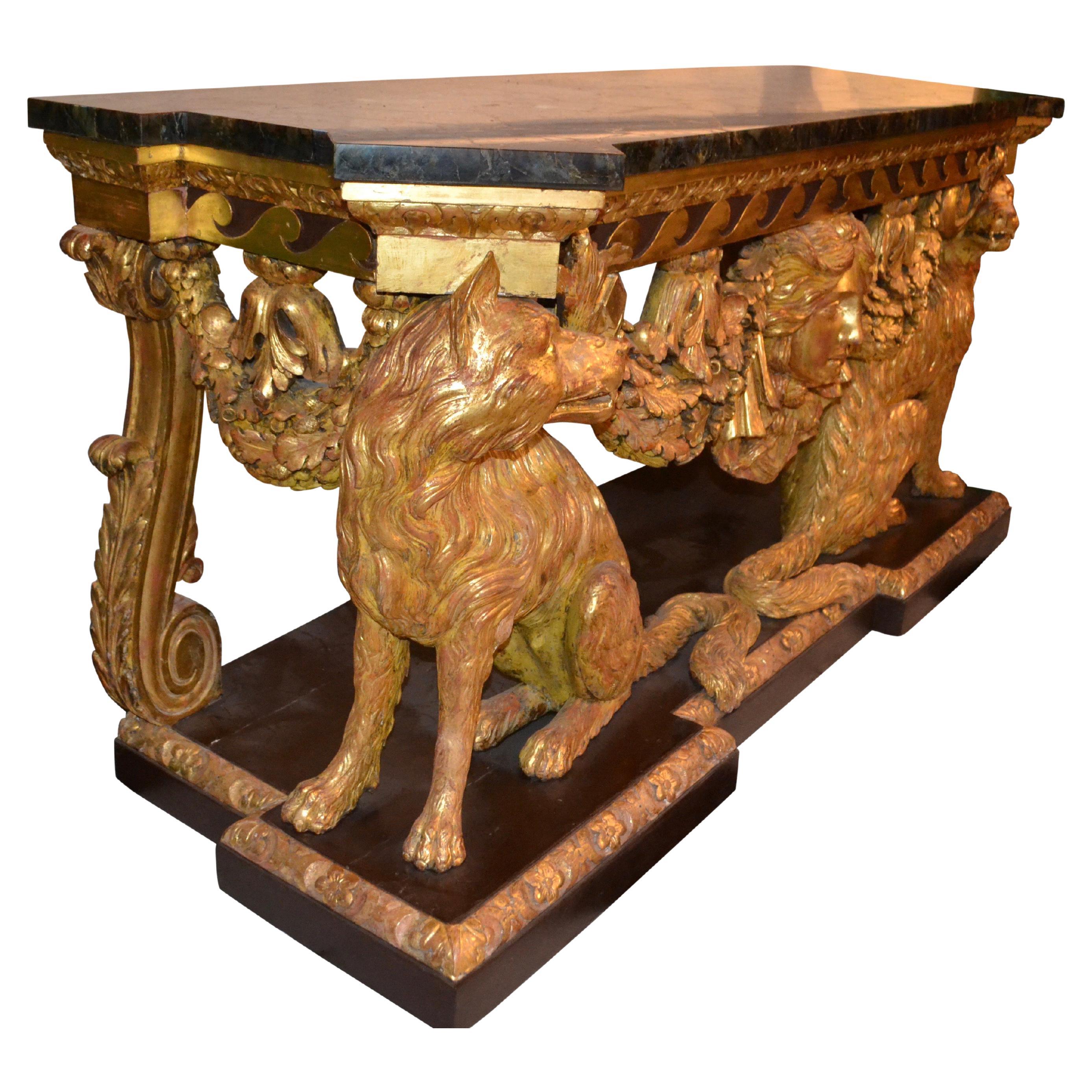 George II Style Giltwood Wolf Console Stamped Lenygon and Co. After William Kent