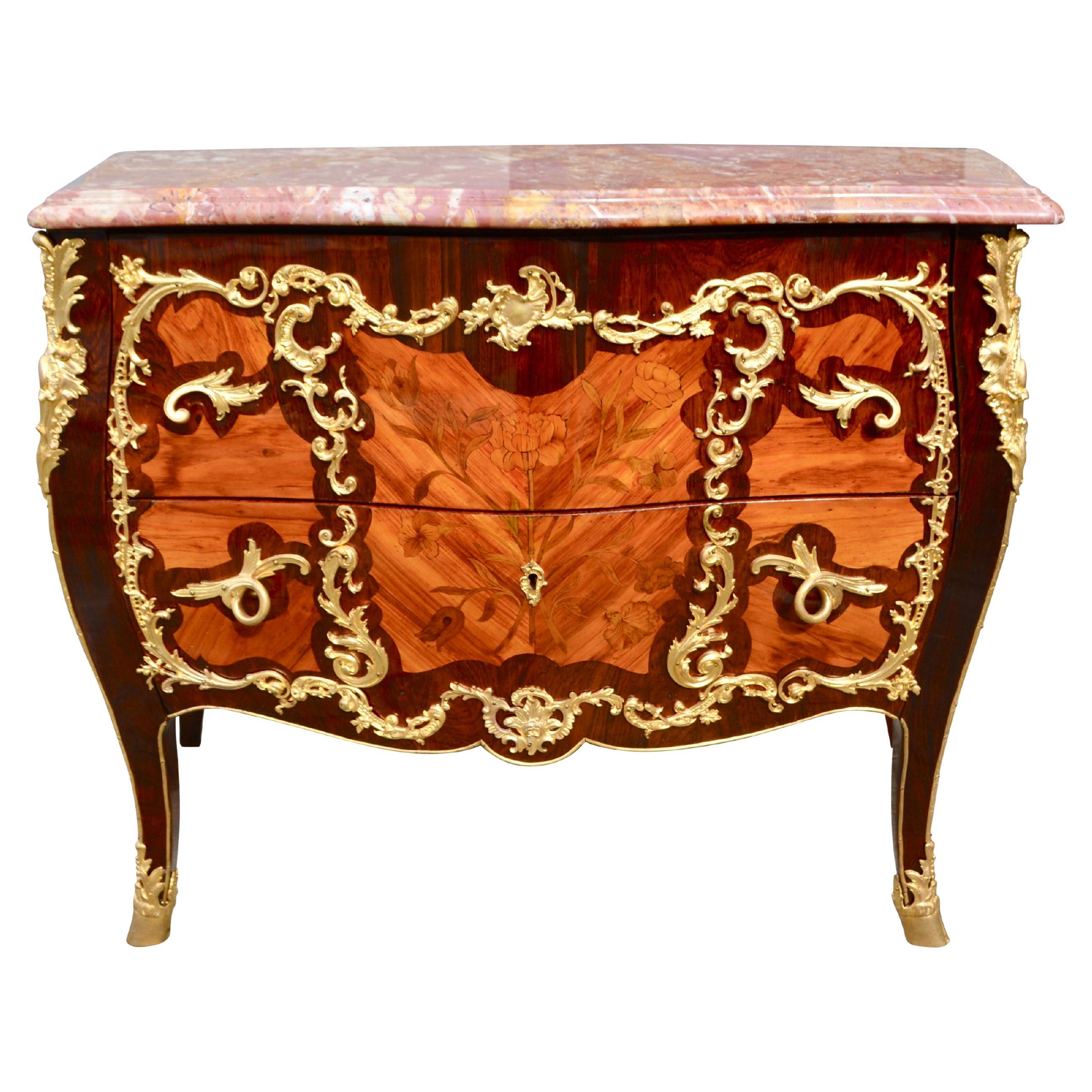 19th Century French Louis XV Style Marquetry and Ormolu Bombe Chest of Drawers