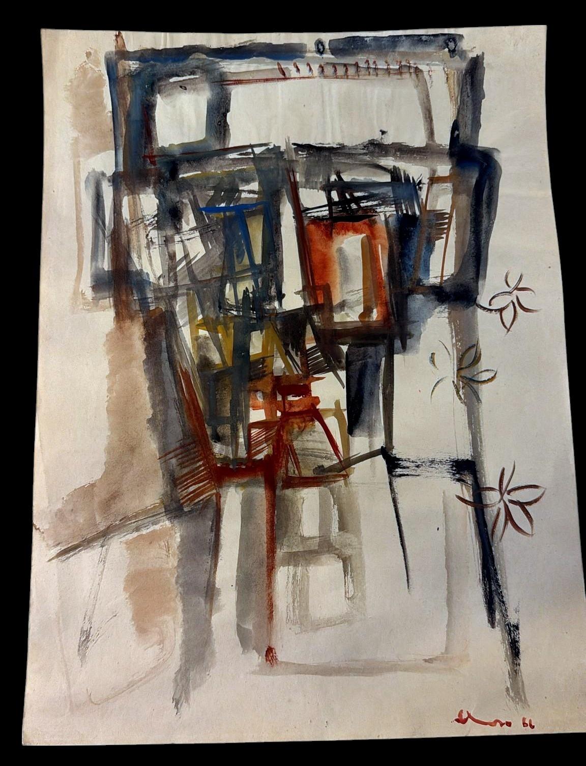 Abstract work on special paper, created using a mixed media technique that includes watercolor, diluted tempera, and ink. The piece clearly belongs to the abstract and expressionist movement typical of the early 1960s. It bears a signature