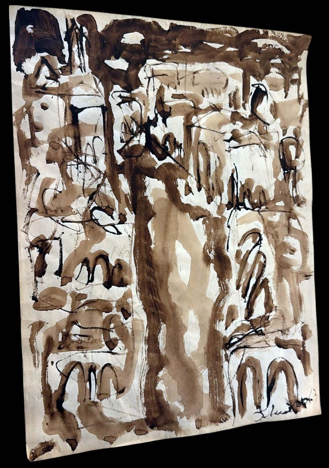 Abstract work on special paper, created using a mixed media technique that includes watercolor, diluted tempera, and ink. The piece clearly belongs to the abstract and expressionist movement typical of the early 1960s. It bears a signature