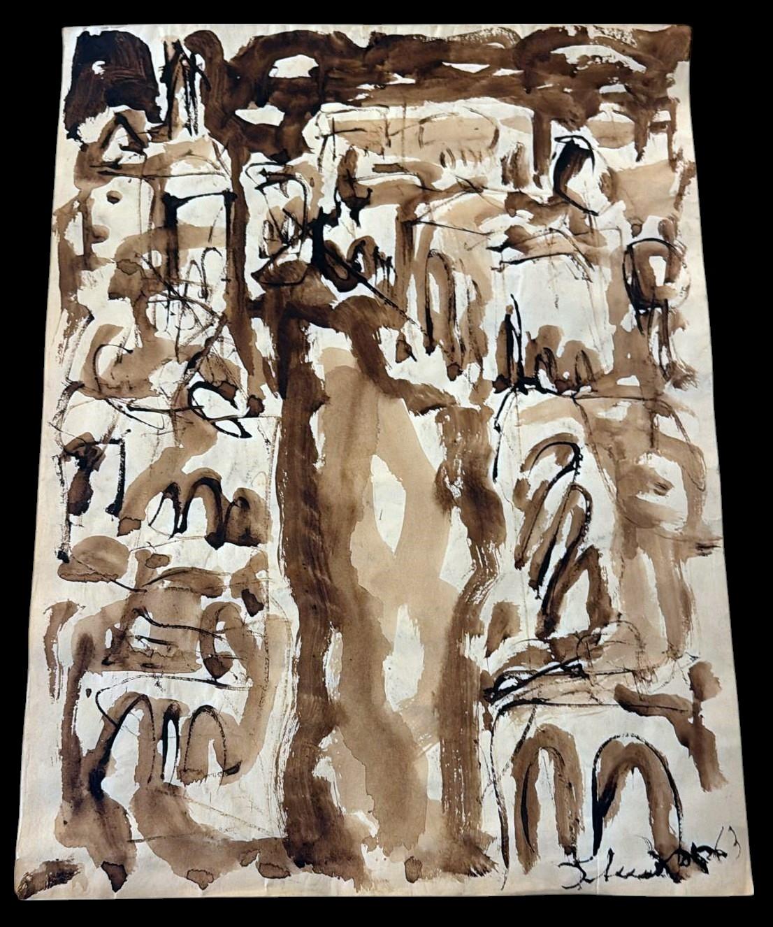 Expressionist Abstract Drawing On Textured Paper For Sale