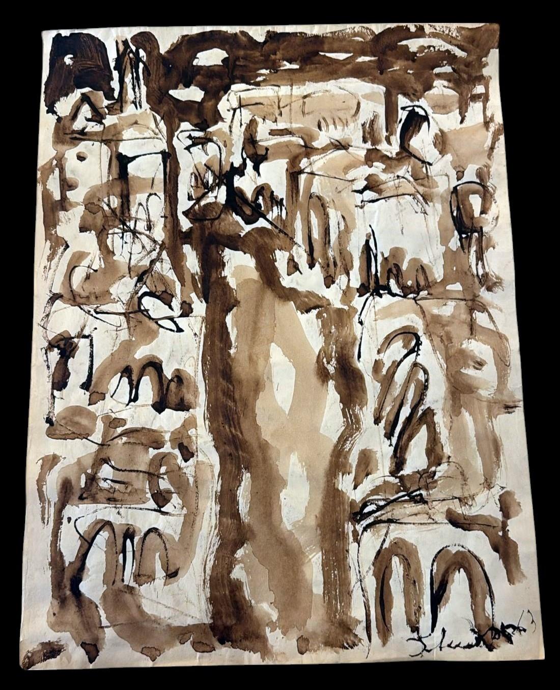 Italian Abstract Drawing On Textured Paper For Sale