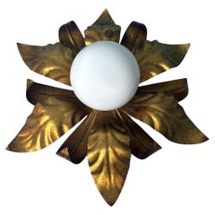 Italian  Gilt Brass And Opaline Glass Flush Mount Ceiling Or Wall Light