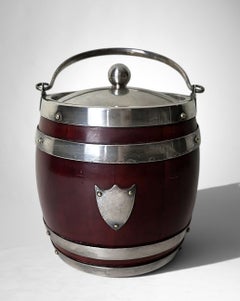 Mappin & Webb Victorian English Biscuit Barrel Oak, Silver Plate And Porcelain