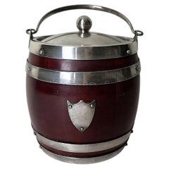 Mappin & Webb Victorian English Biscuit Barrel Oak, Silver Plate And Porcelain