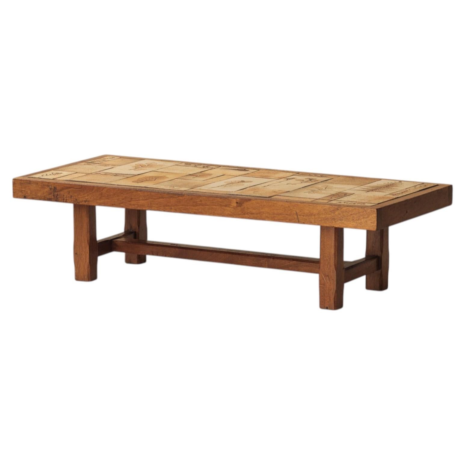 Coffee table in oak and ceramic sandstone tiles by Roger Capron, France 1965
