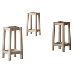 Off-white painted oak bar stools with woven rush seats, France 1950s