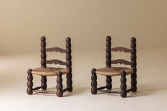 Pair of Spanish Bobbin-Turned Side Chairs with Rush Seats, Early 20th Century