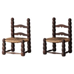 Pair of Spanish Bobbin-Turned Side Chairs with Rush Seats, Early 20th Century