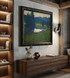 Lakeside Landscape Oil on Cardboard by Bahndorf Heribert - 1930