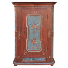 Red Alpine Antique Painted Wardrobe with Flowers, dated 1818