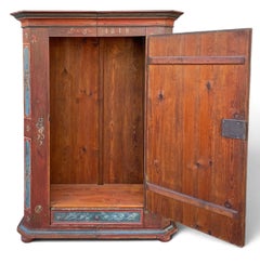 Red Alpine Antique Painted Wardrobe with Flowers, dated 1818