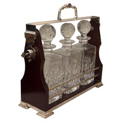 Tantalus wood silver plate close with a key & 3 Square cut crystal decanters, GB