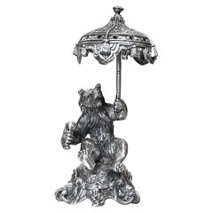 19th century silvered bronze sculpture, Bear with an umbrella, signed Fratin