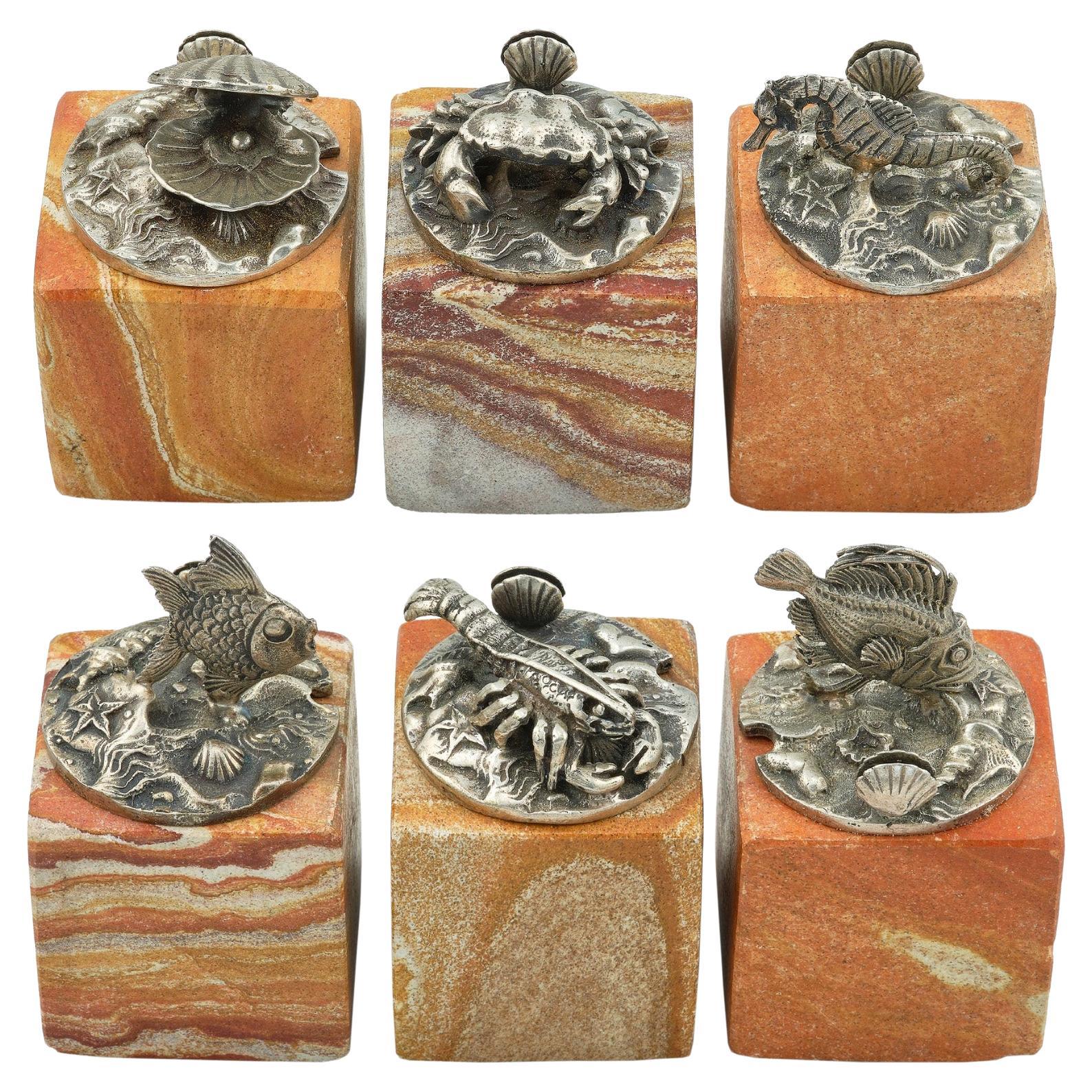 Buccellati six menu-holders sterling silver Ocean-themed For Sale