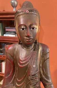 Polychrome Carved Wooden Buddha With Glass Bead Inlays