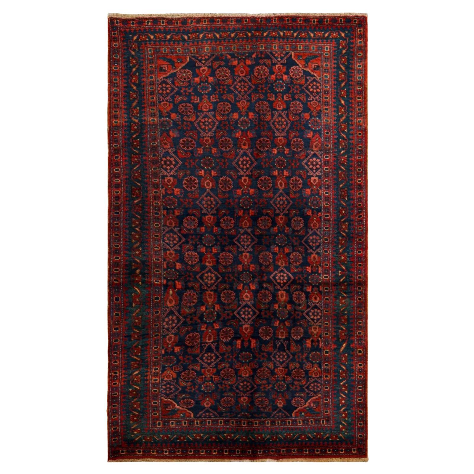 Persian Bijar Small Rug Circa 1910 -  Navy Blue Red Yellow