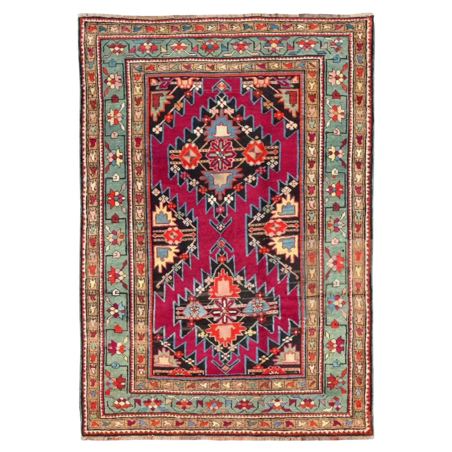 Petit tapis russe Gharebagh Circa 1910 - Laine Marron Vert Rouge 72255 en vente