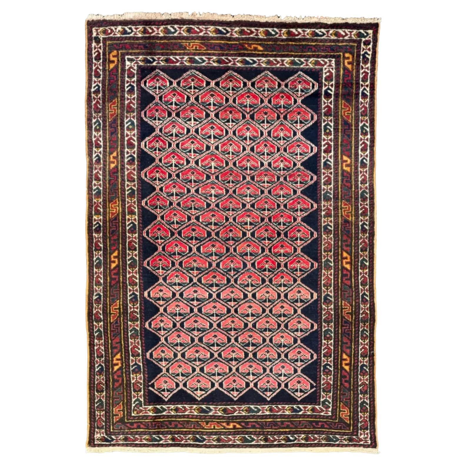 Antique Persian Small Rug Circa 1910 - Black Pink Yellow - Malayer Design