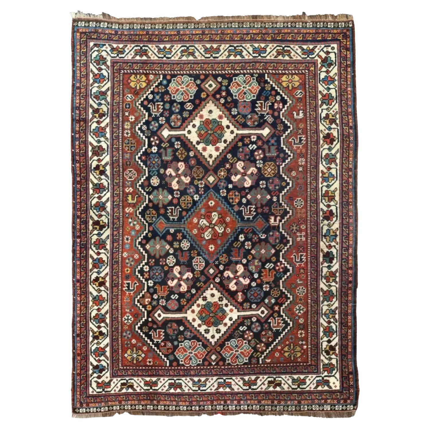 Alfombra Persa Shiraz Pequeña Circa 1940 - Lana Marfil Azul Marino Rojo 72764