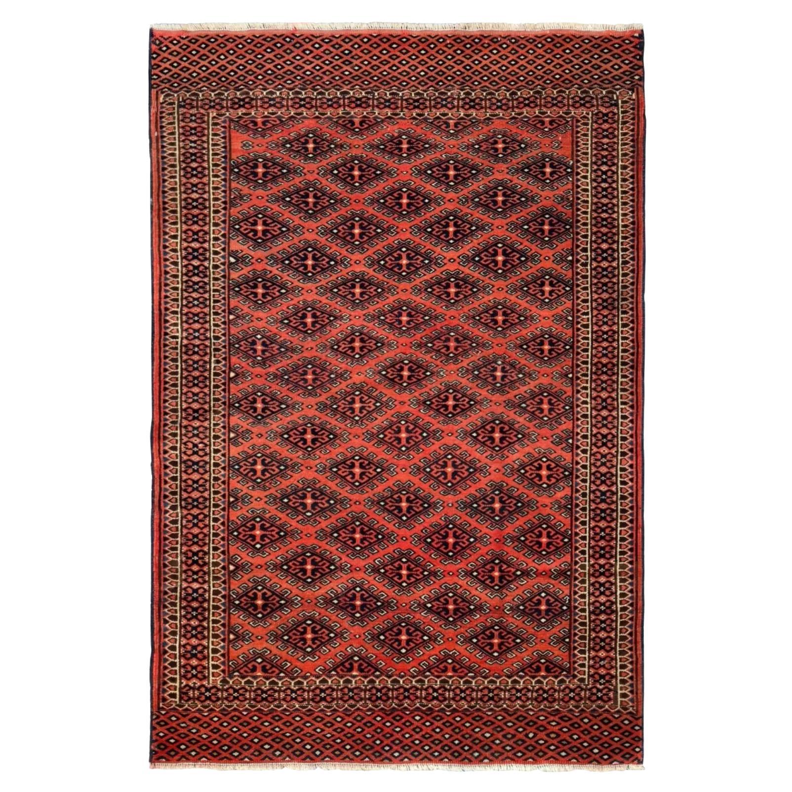 Persian Turkeman Small Rug Circa 1910 - Wool Black Ivory Red Design For Sale