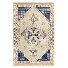 Petit tapis turc Anatoly - Laine ivoire bleu marine motif bleu marine - 93238