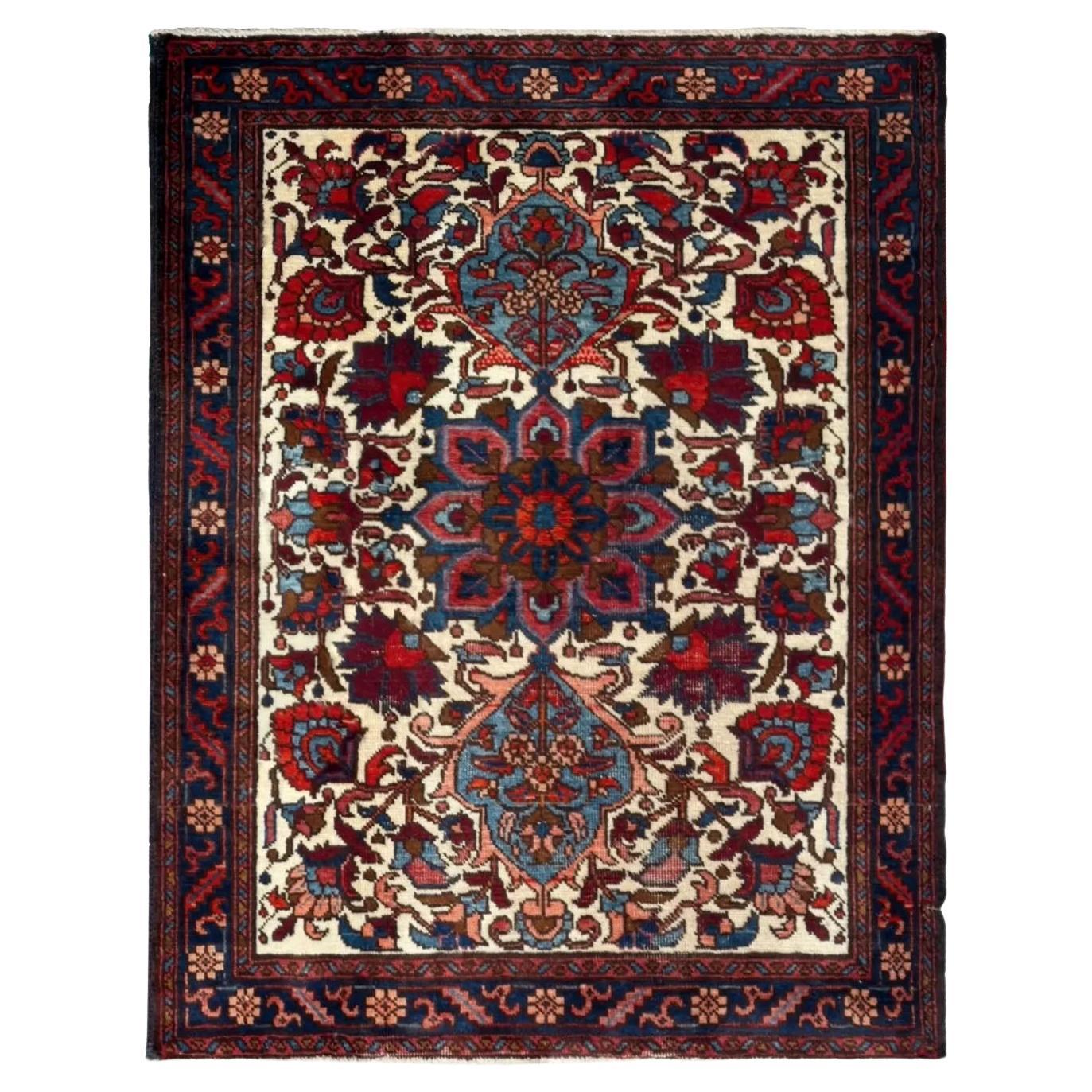 Persian Azerbaijan Small Rug - Wool Ivory Navy Blue Design For Sale