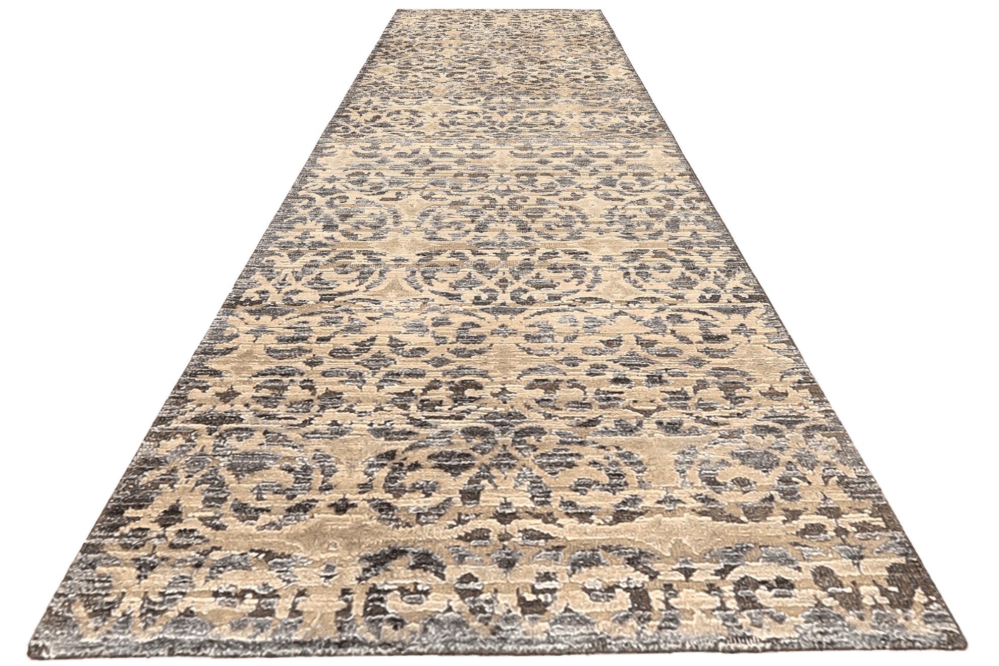 India Modern Runner Rug - Wool Brown Ivory Design - 94211 (Moderne) im Angebot