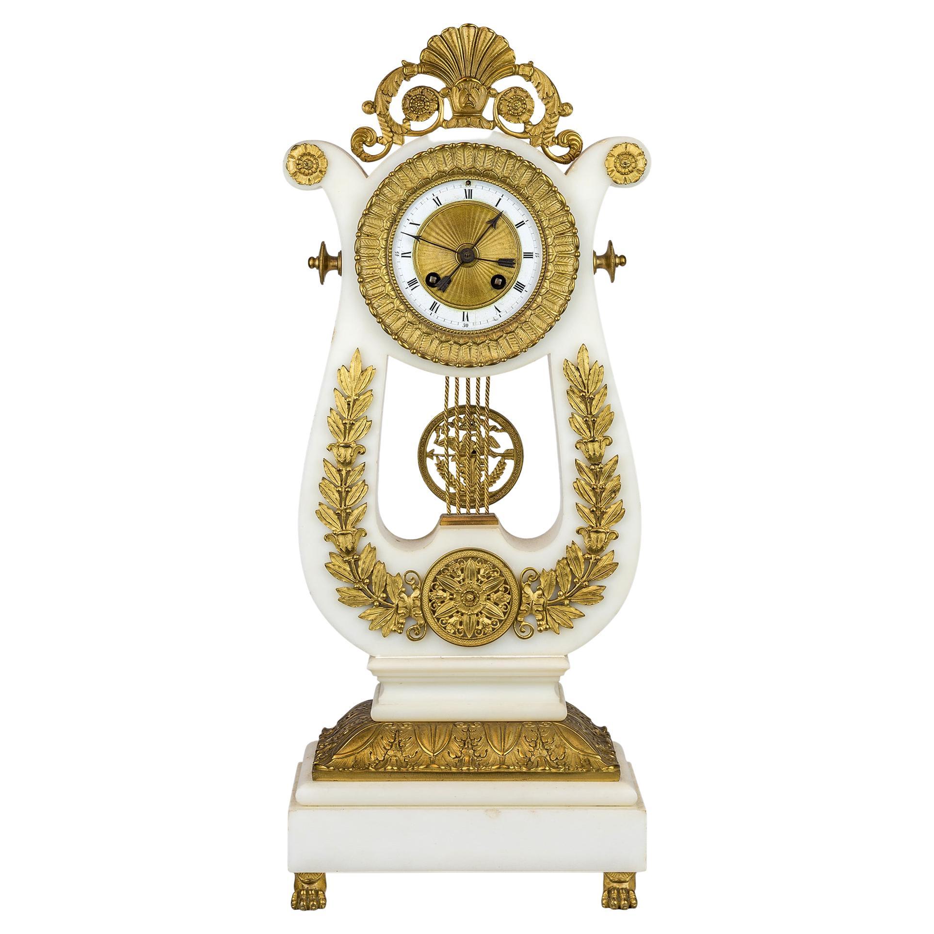19th Century Empire Style Ormolu and White Marble Lyre Clock 