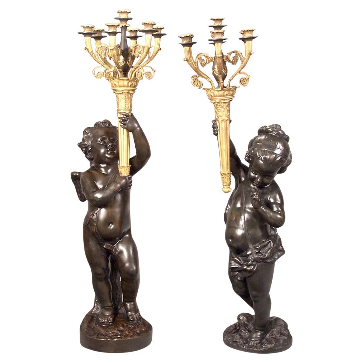 Pair of Gilt and Patinated Bronze Putti Torchères