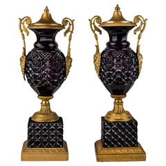 Antique Pair of Unique of Austrian Amethyst Urns with Gilt Bronze Mounts 