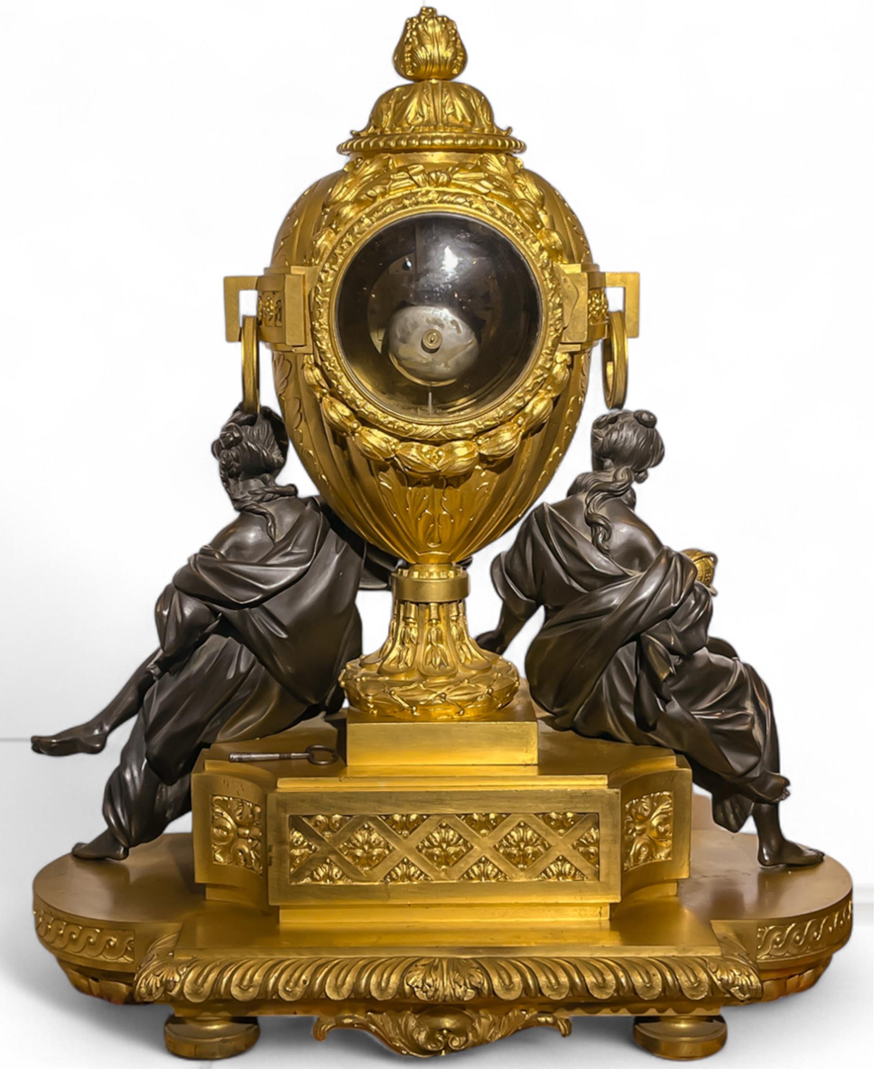 De La Fontaine Large Gilt & Patinated Bronze Clock of Astronomy and Geography For Sale 1