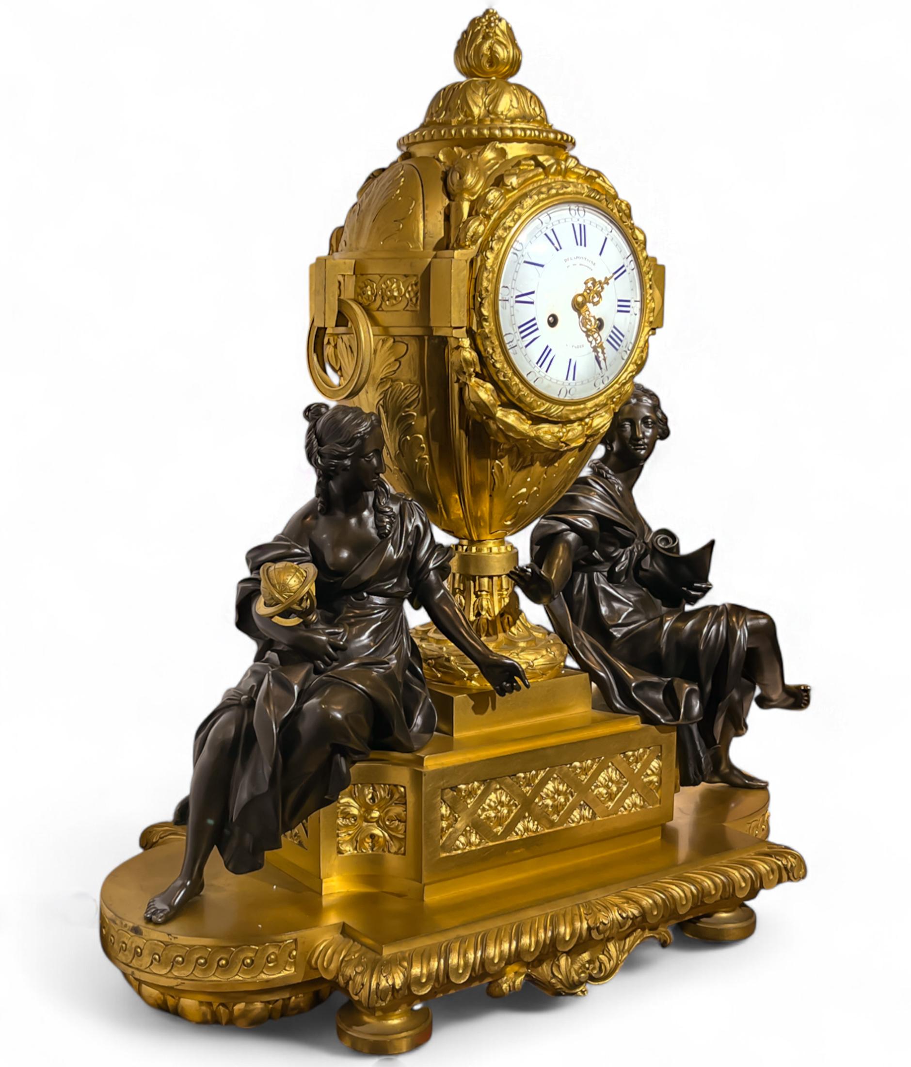 De La Fontaine Large Gilt & Patinated Bronze Clock of Astronomy and Geography In Good Condition For Sale In New York, NY