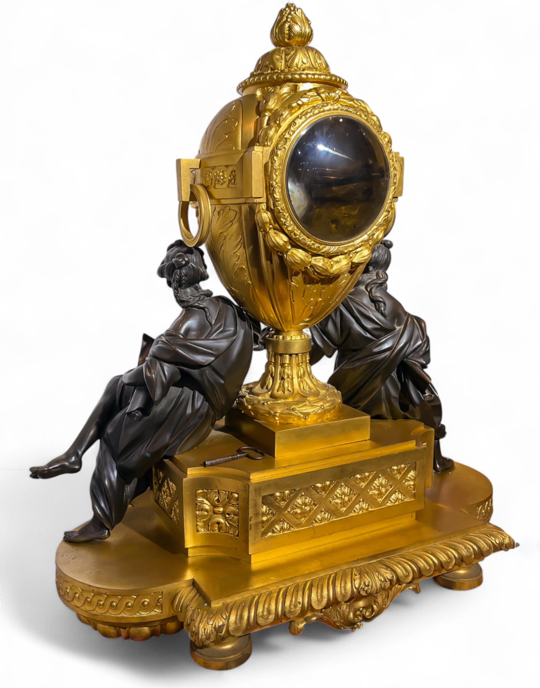 De La Fontaine Large Gilt & Patinated Bronze Clock of Astronomy and Geography For Sale 2