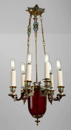 Chinoiserie champleve Enamel chandelier Att to . Ferdinand Barbedienne