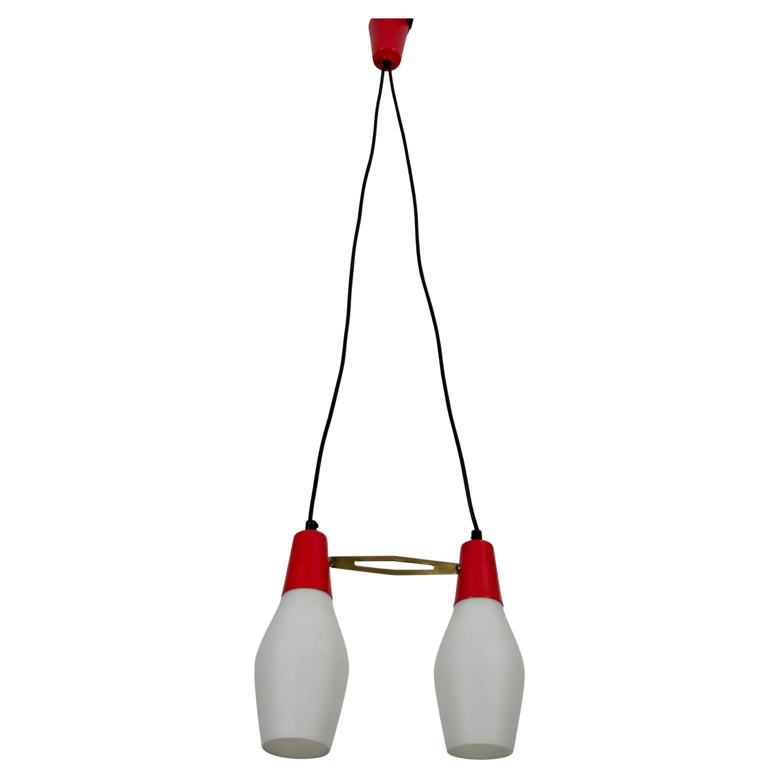 Mid-Century Red Metal and Opal Glass Ceiling Lamp, Italy, 1960s