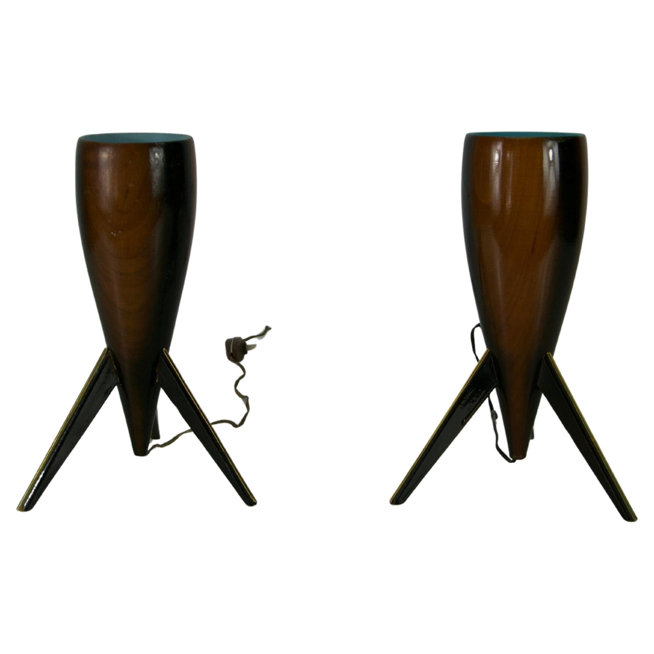 Pair of Wooden Table Lamps, 1970s, Italy
